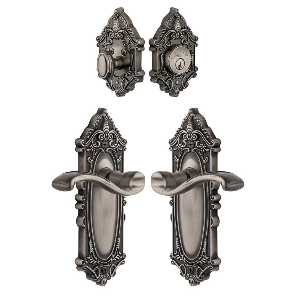 Grandeur by Nostalgic Warehouse Single Cylinder Combo Pack Keyed Differently - Grande Victorian Plate with Portofino Lever and Matching Deadbolt in Antique Pewter